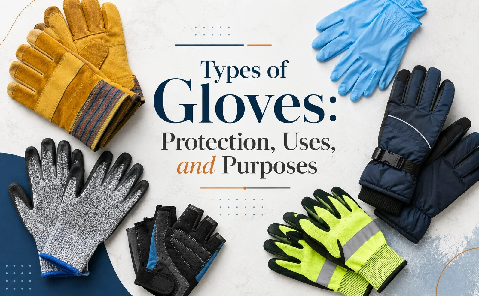 Different types of gloves arranged together for various uses, styles, and weather conditions.