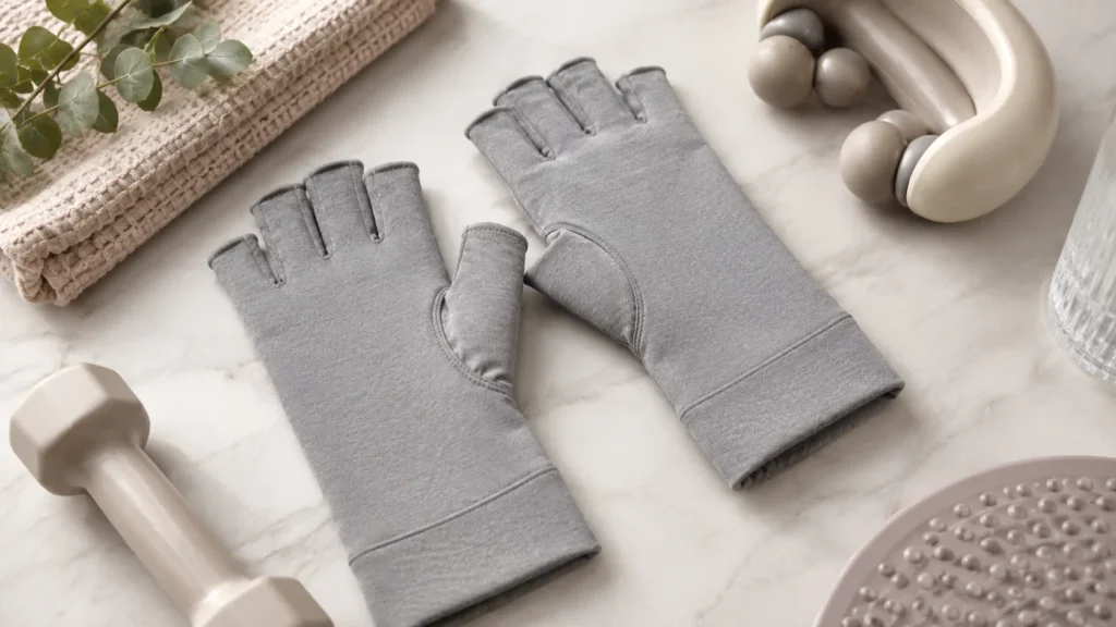 Supportive compression gloves designed to provide gentle pressure and improve hand comfort.