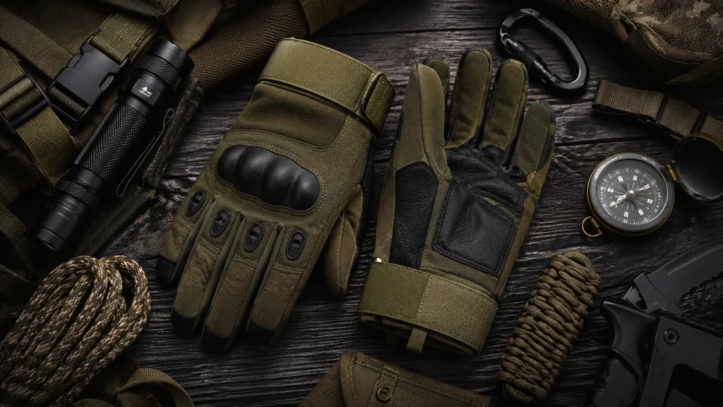 Heavy-duty tactical gloves featuring reinforced protection and a secure grip for outdoor activities.
