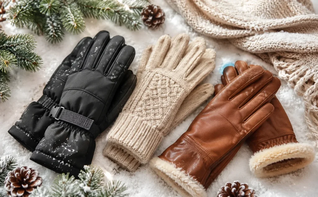 Warm insulated winter gloves designed to protect hands from cold weather and snow.