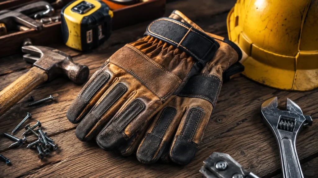 Durable work gloves designed to protect hands during construction, industrial, and manual tasks.